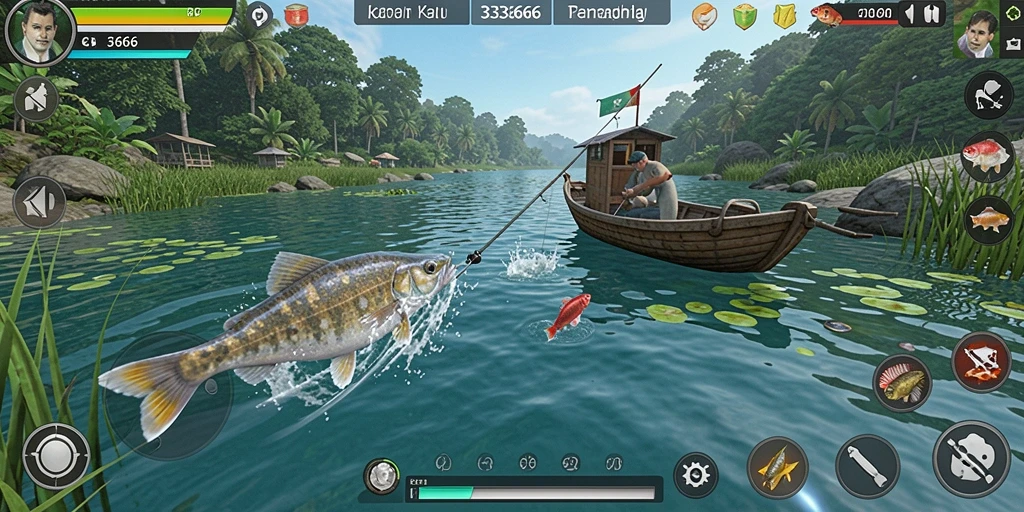 Tampilan gameplay 333666 dengan pemancing yang sedang melawan ikan besar.