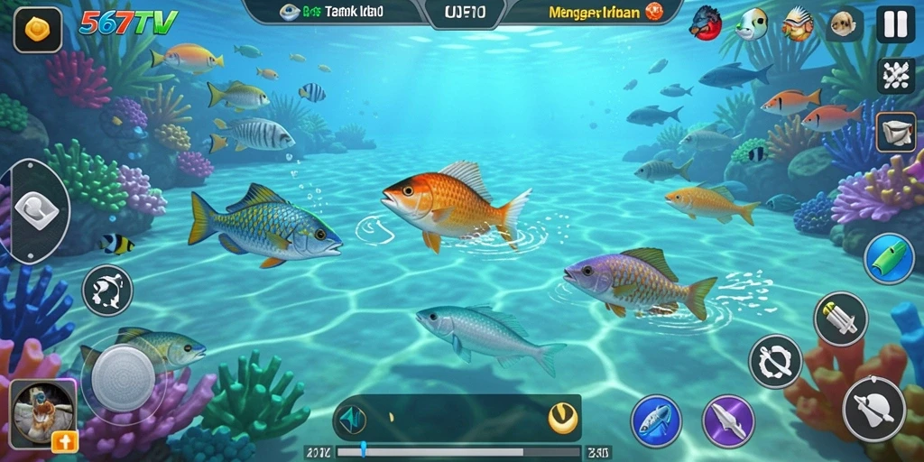 Tampilan gameplay seru di 567TV, menembak ikan dengan beragam senjata.