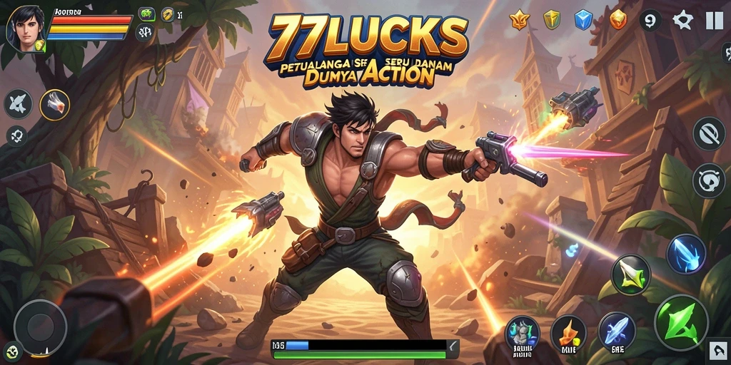 Screenshot permainan <strong>77LUCKS</strong> yang menunjukkan aksi seru dalam pertempuran.