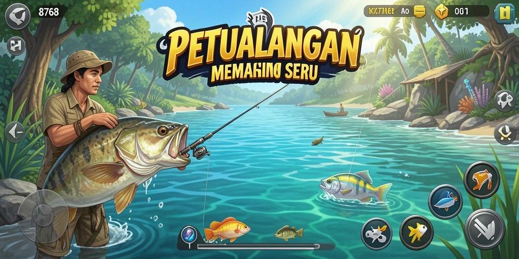 Screenshot gameplay 8768 menunjukkan aksi memancing yang mendebarkan.