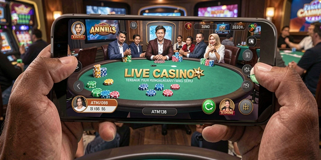 Screenshot utama ATM138 menampilkan dealer live dalam aksi permainan kasino.