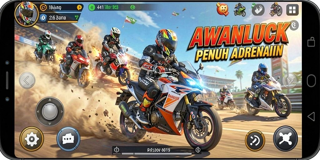 Tampilan menarik dari gameplay balapan motor di AWANLUCK.
