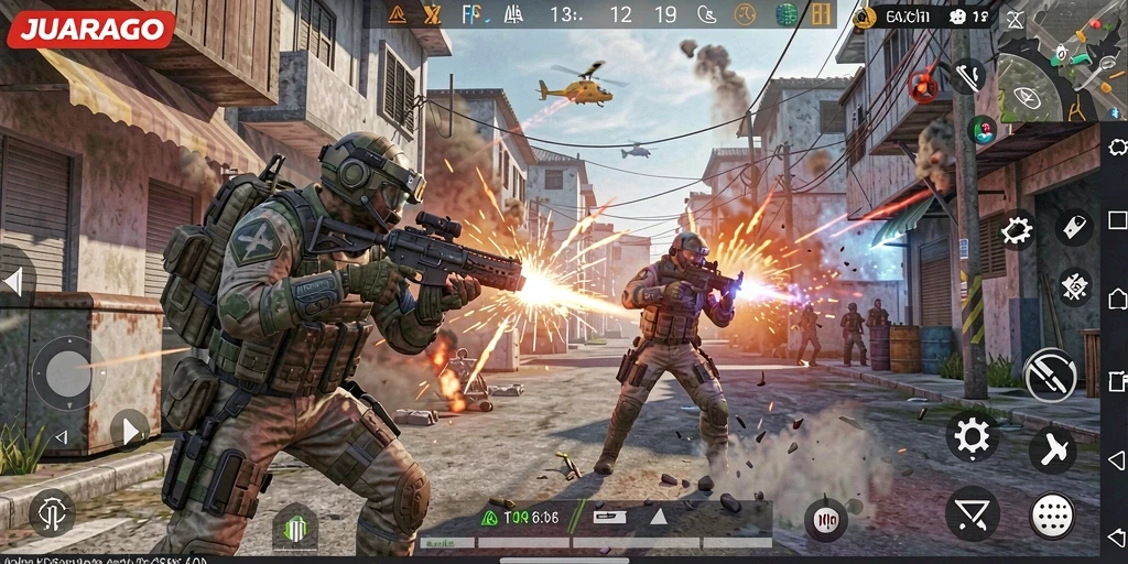 Screenshot gameplay JUARAGO menampilkan pertempuran intens di medan perang.