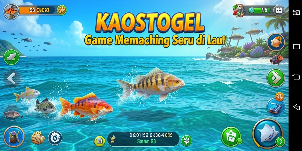 Screenshot gameplay KAOSTOGEL menampilkan aksi memancing yang mendebarkan.