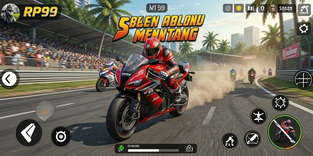 Tampilan gameplay <strong>RP99</strong> yang menegangkan saat balapan motor.