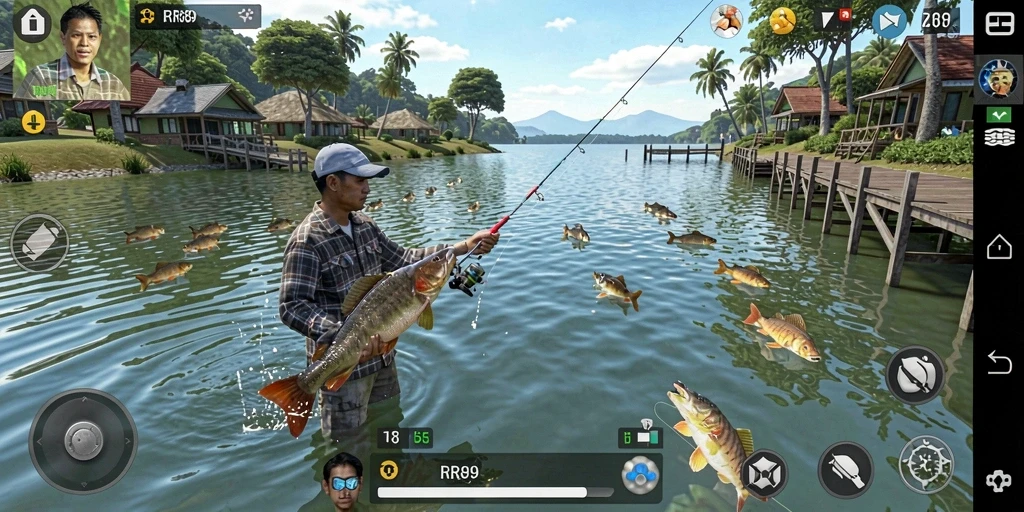 Screenshot gameplay RR89 menampilkan aksi memancing yang mendebarkan.
